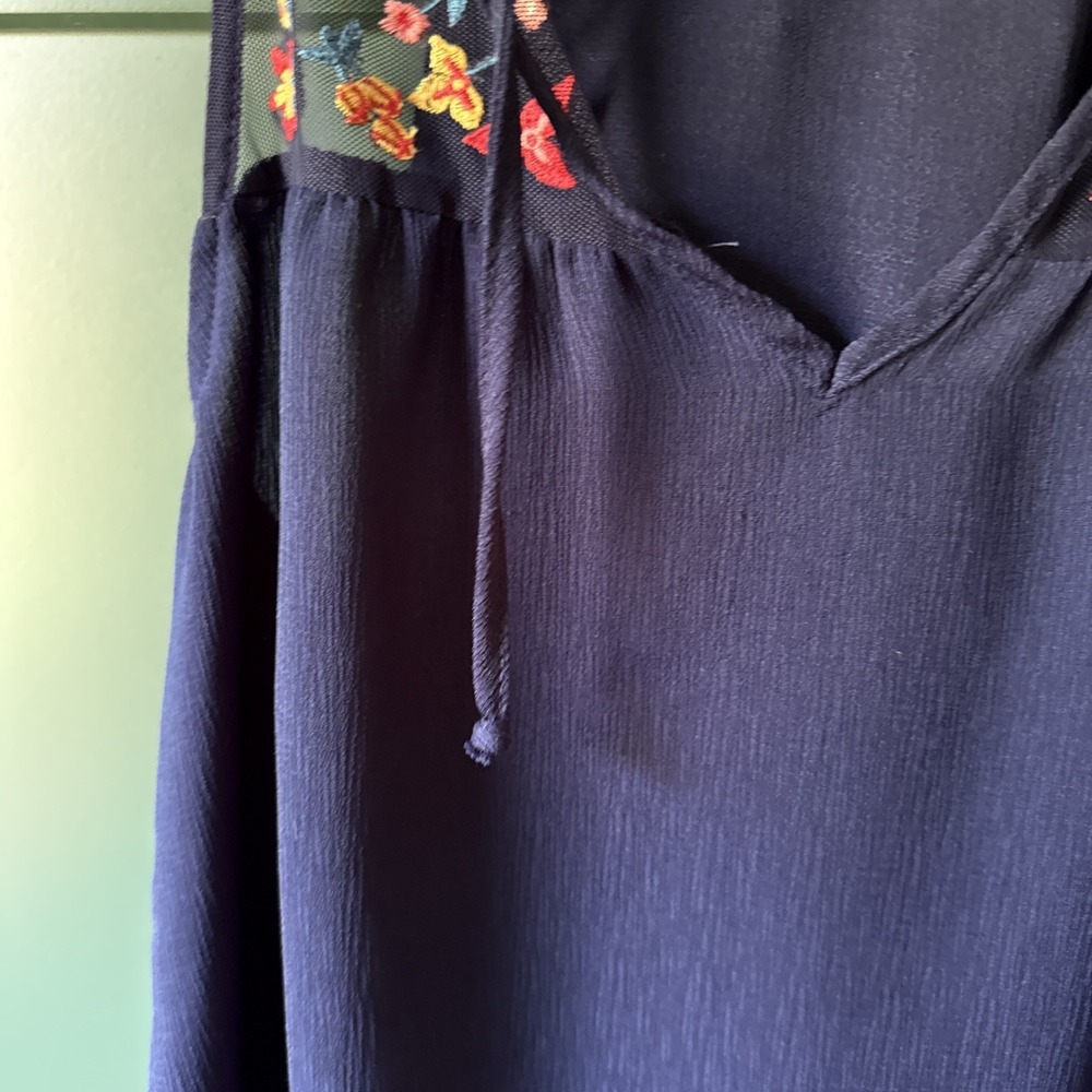 Flower Stitched Dark Blue Tank Size S Whimsical Romantic Dreamy Flirty - Picture 4 of 5
